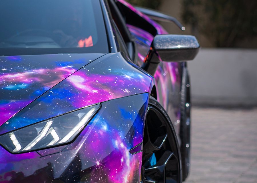 Car wrapped in a purple-to-blue colour-shift film