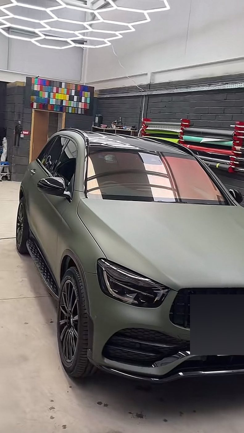 Mercedes GLC wrapped in matte military green, in the SK Zone unit